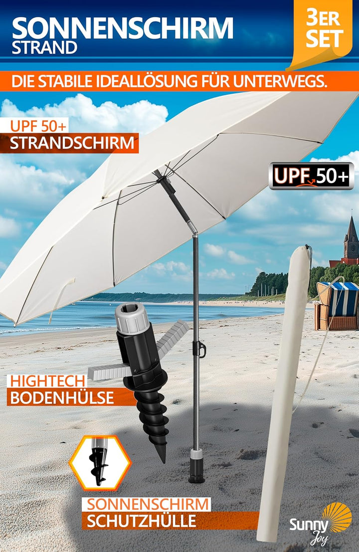 4smile Sonnenschirm Strand SunnyJoy Ø 180 cm, 3-IN-1 Set - UPF 50+ Strandschirm + Sonnenschirm Schut