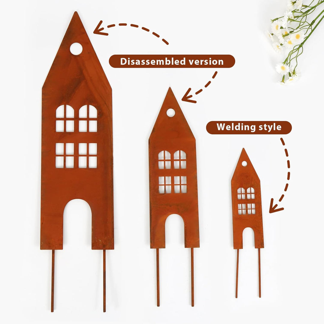 Gartendeko Rost,3 Stück Häuser Gartenstecker Metall,Rostdeko Gartendeko,Deko Haus aus Edelrost, Meta