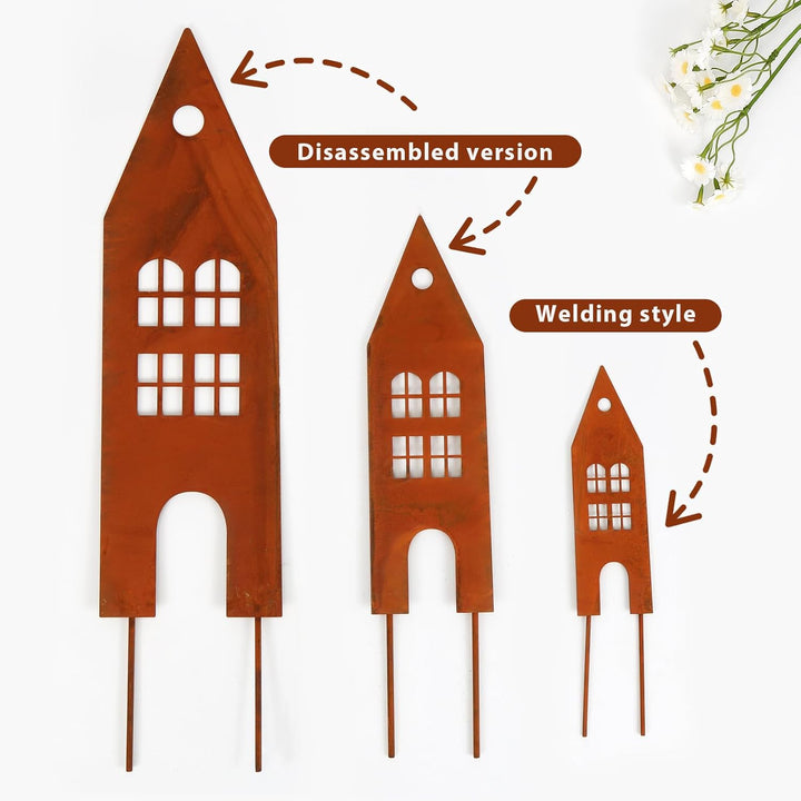 Gartendeko Rost,3 Stück Häuser Gartenstecker Metall,Rostdeko Gartendeko,Deko Haus aus Edelrost, Meta