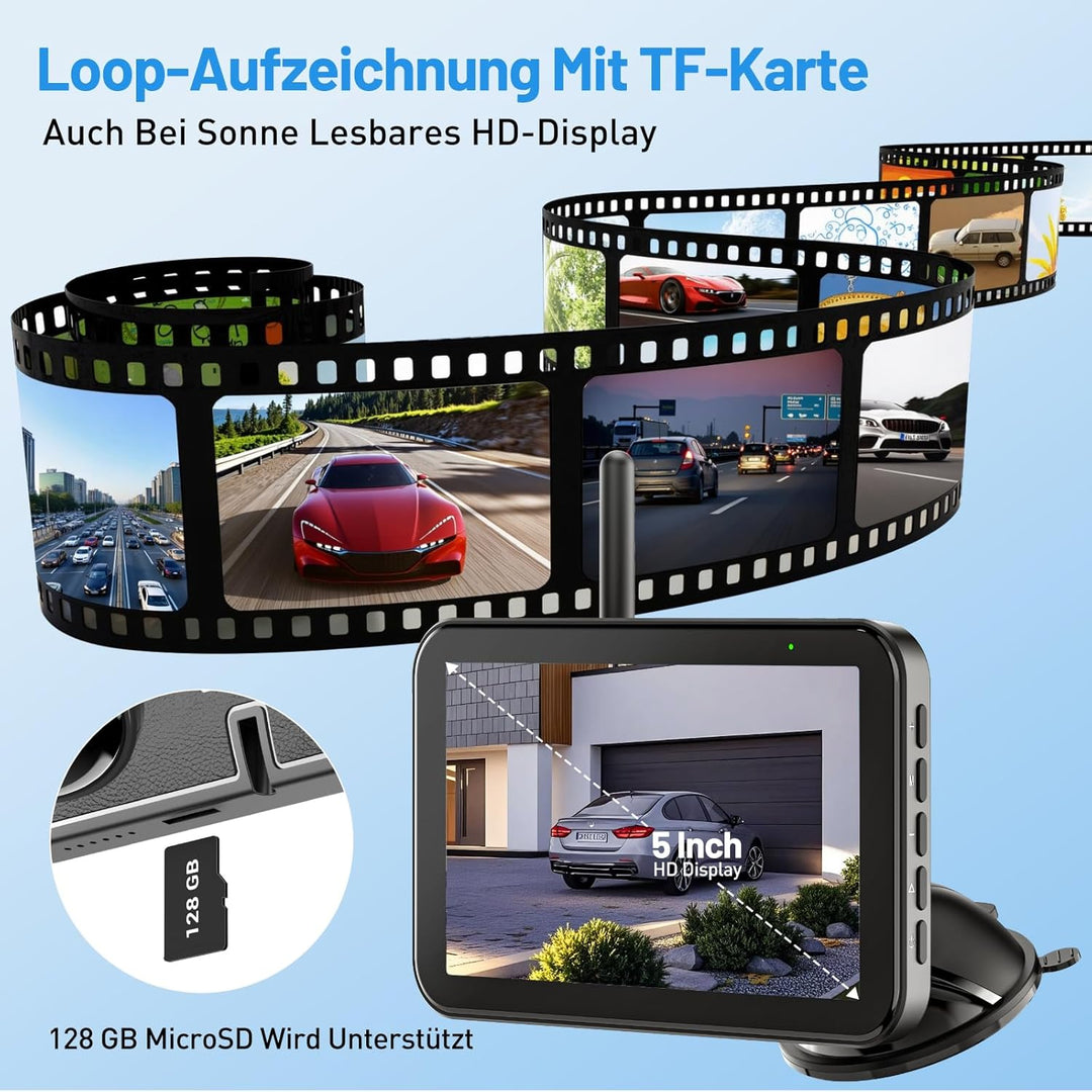Solar Rückfahrkamera Kabellos, 5" Digital Rückfahrkamera Set 1080P Monitor, mit eingebautem Funksend