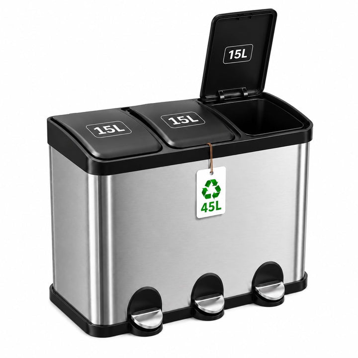 Amig - Dreifacher Mülleimer mit Pedalen 45 Liter | 3 herausnehmbare 15-Liter-Fächer | Recyclingbehäl