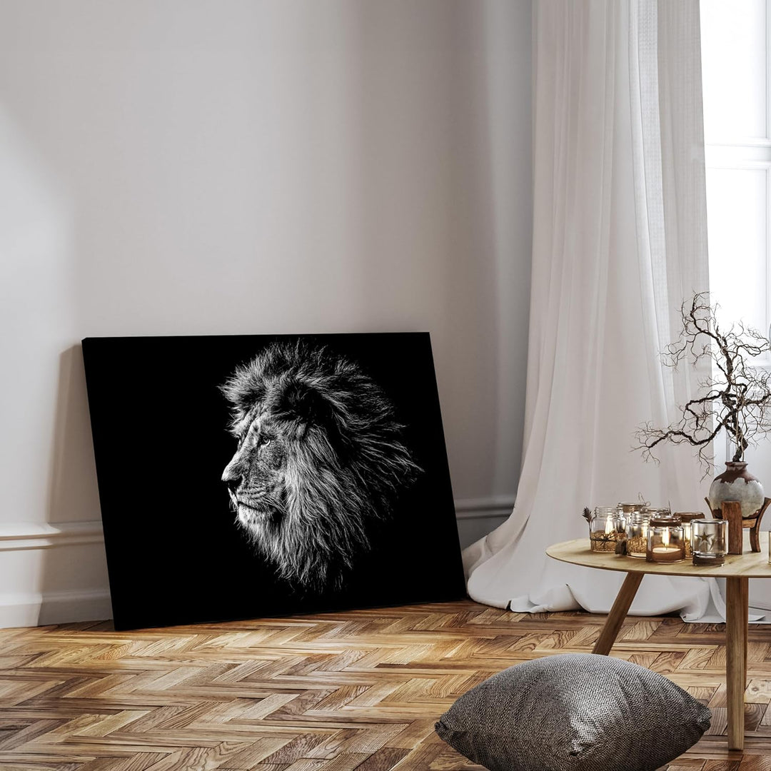 wandmotiv24 Leinwandbild Schwarz-Weiss, 60x45cm, Querformat, Löwe, Deko, Bilder auf Leinwand, Wandde
