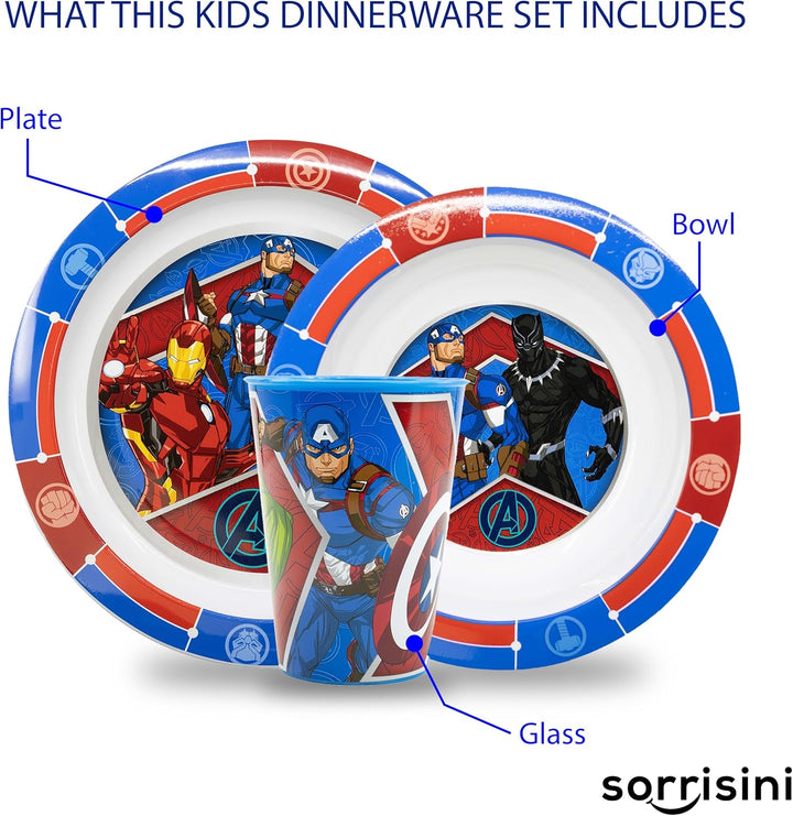 Kindergeschirr Set Avengers, Wiederverwendbares Set, Geschirr mit Teller, Müslischale und Tasse, Frü