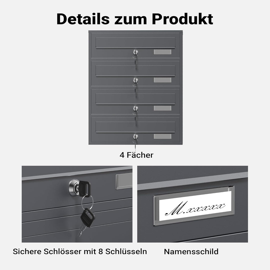 Wiltec 4er Briefkastenanlage Anthrazit 270 x 513 x 1500 mm, Standbriefkasten mit 4 Fächern, Schlüsse