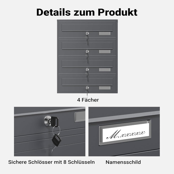 Wiltec 4er Briefkastenanlage Anthrazit 270 x 513 x 1500 mm, Standbriefkasten mit 4 Fächern, Schlüsse