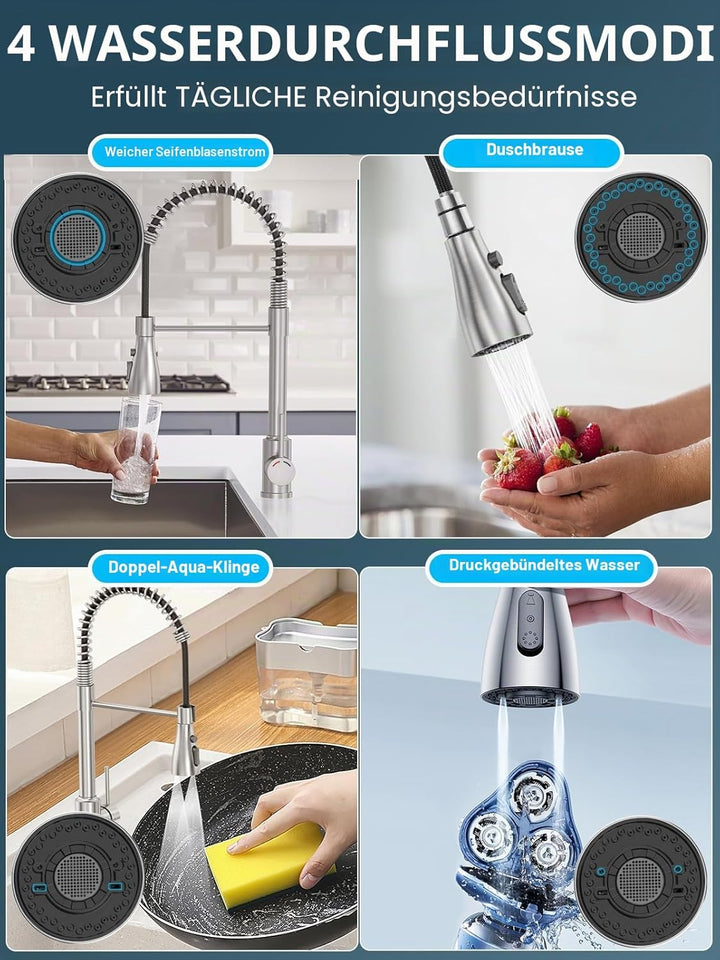 Wasserhahn Küche, SREWOHS PRO Küchenarmatur Ausziehbar, 360° Drehbarer Auslauf, 4 Sprühfunktionen, E