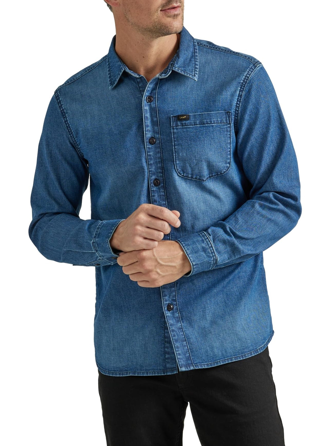 Lee Herren Extreme Motion Allzweck-arbeitshemd, Langärmelig Hemd mit Button-Down-Kragen S Denim Medi