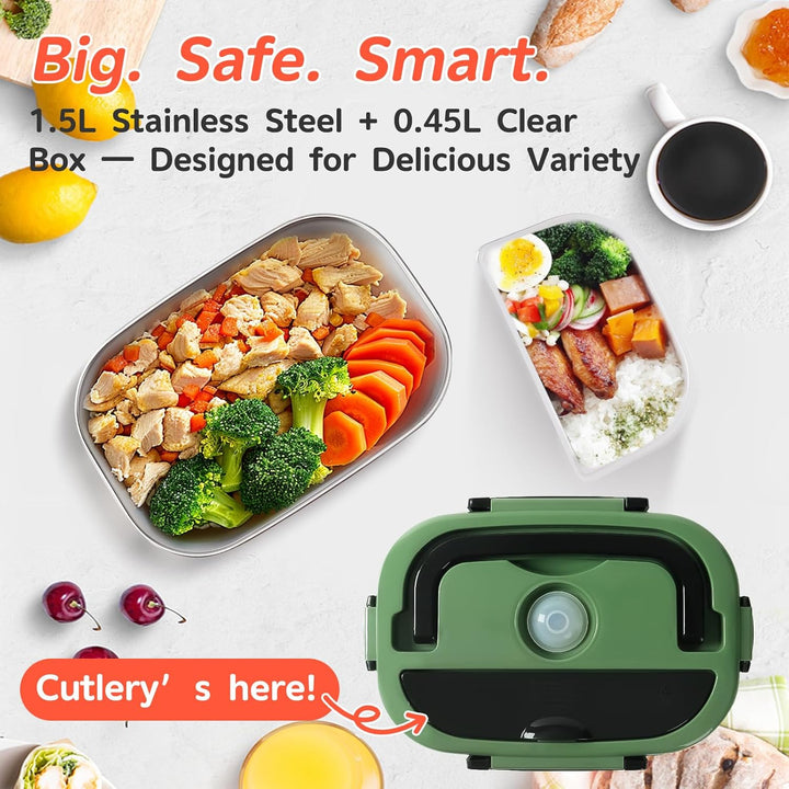 Elektrischer Lunchbox 100 W, 3-in-1 Lunch Box Erwachsene Premium, 2 Herausnehmbare Edelstahlbehälter
