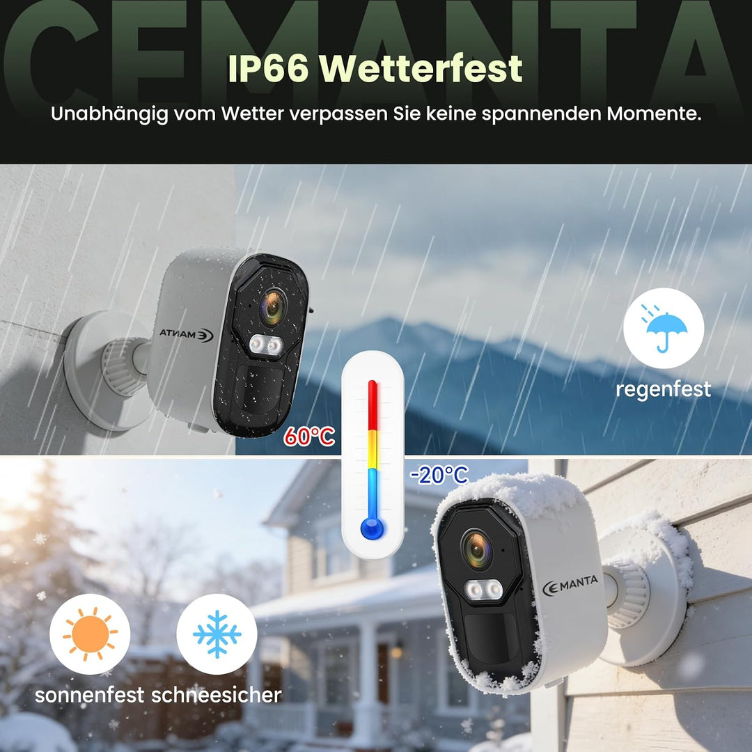 4MP Überwachungskamera Aussen Akku mit Solar - 2,4G/5GHz WLAN, Kostenlosem Cloud-Speicher, IP66 wett