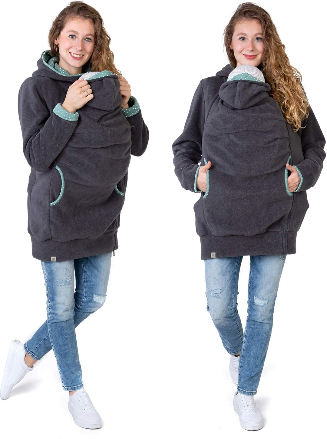 Viva la Mama Kängurujacke, Tragejacke für Baby aus Fleece - AHOI S Anthrazit / Punkte Mintgrün, S An