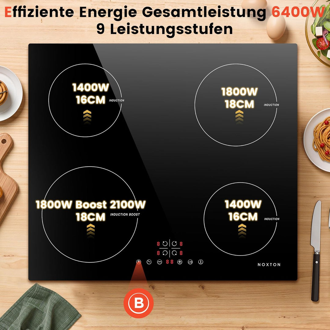 NOXTON Induktionskochfeld 60 cm mit Weisse Gläser und blaues Bedienfeld, Induktionsfeld Flexzonen 3