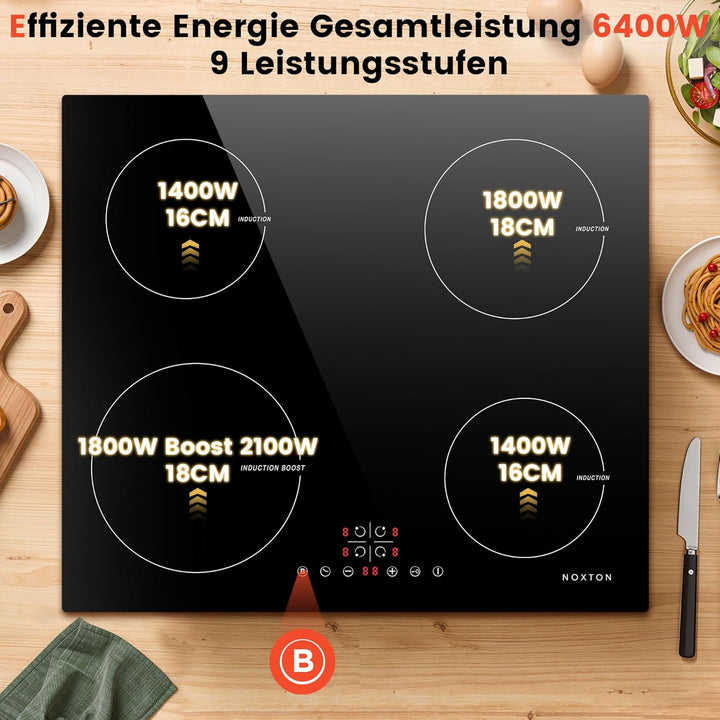 NOXTON Induktionskochfeld 60 cm mit Weisse Gläser und blaues Bedienfeld, Induktionsfeld Flexzonen 3