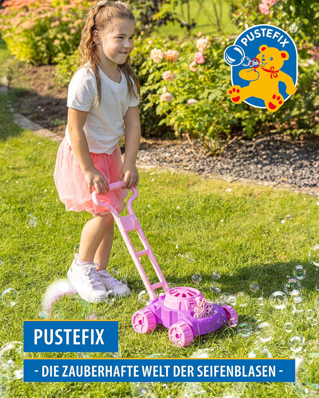 PUSTEFIX Bubble-Mower Rasenmäher Pink & 5L Nachfüllkanister I Lustiges Seifenblasen Kinder Set mit S
