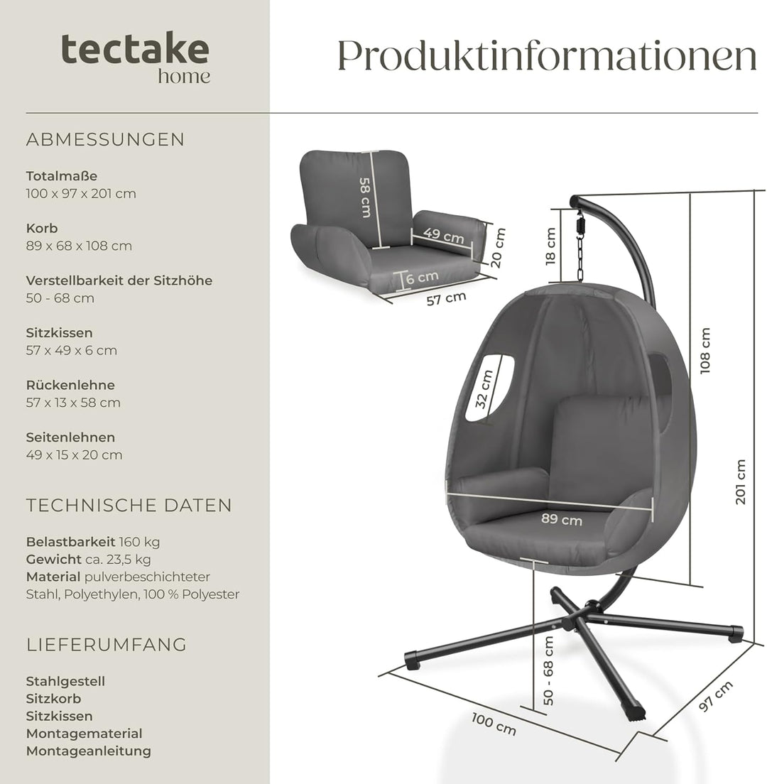 tectake® Hängesessel mit Gestell, Indoor oder Outdoor, Schaukel Sessel mit Kissen + Rückenkissen, Sc
