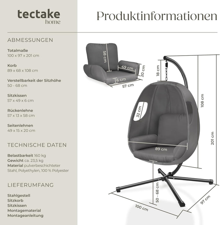 tectake® Hängesessel mit Gestell, Indoor oder Outdoor, Schaukel Sessel mit Kissen + Rückenkissen, Sc
