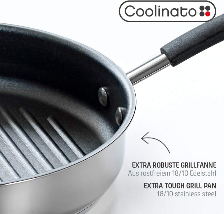 Coolinato Set aus Grillpfanne 26cm mit Glasdeckel, beschichtete Pfanne mit Deckel, Grillplatte rund