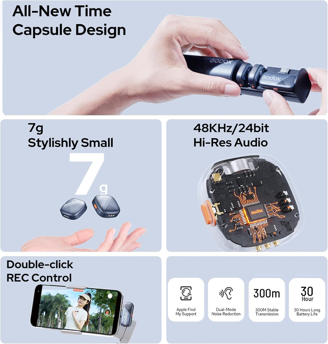 Godox Cube-SC Kit2 Wireless Mikrofon,48kHz/24Bit Hi-Fi Audio,30H Dauer 300 m Reichweite,App Steuerun