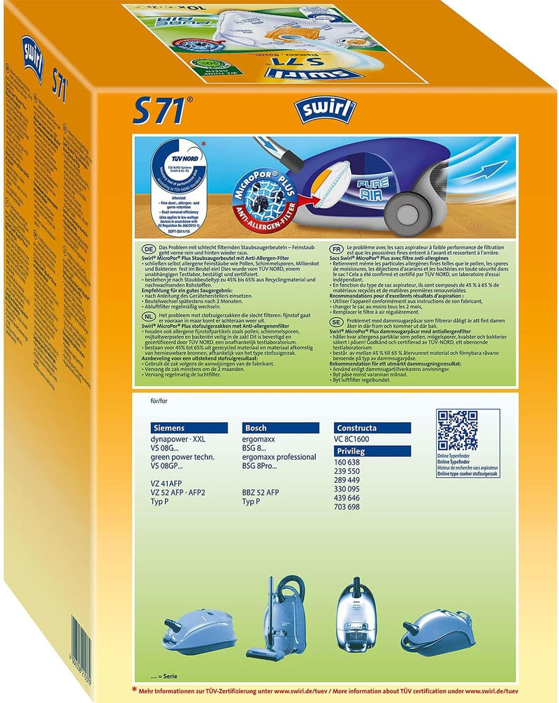 S 71 MicroPor® Plus Staubsaugerbeutel Vorteilspack, 10 Beutel für Siemens und Bosch Staubsauger 10 P