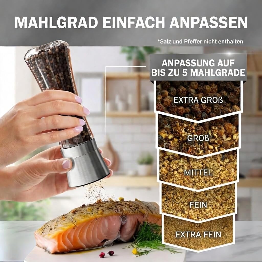 Hochwertiges Set aus Salzmühle und Pfeffermühle von HOME EC - Eistellbare Seesalzmühle & Pfeffermühl