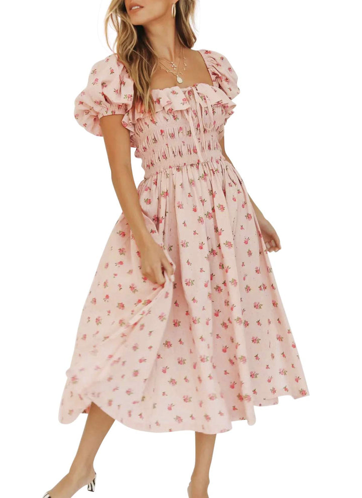 R.Vivimos Damen Casual A-Line Print Vierkant Puff Ärmel Kleid Saum Hohe Taille Midi Fitted Kleid Ber