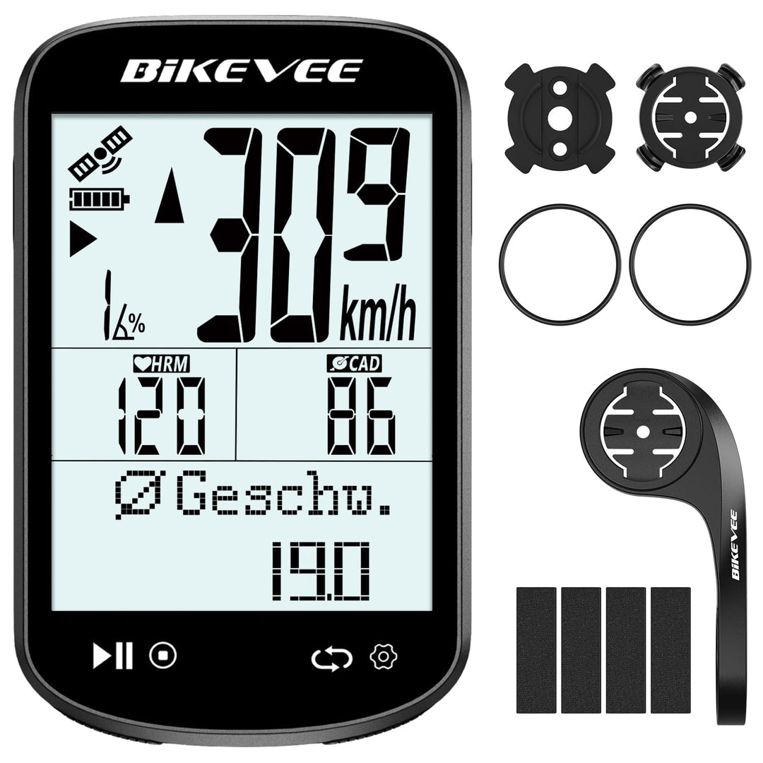 GPS Fahrradcomputer Kabellos ANT+ Bluetooth 2.6'' Glasdisplay 50H Akku Schwarz-AB【Doppelhalterung】,