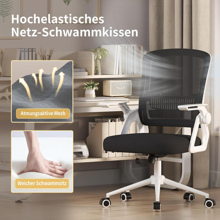 naspaluro Bürostuhl mit Hochklappbare Armlehnen, Schreibtischstuhl Ergonomisch, Drehstuhl mit Netzbe
