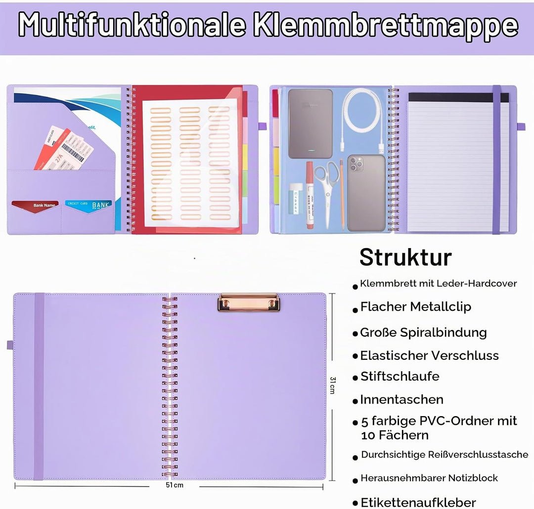 Hautoco Klemmbrett Folio mit a4 Zip Beutel, Klemmbrettmappe mit nachfüllbarem Notizblock, 5 A4-Ordne