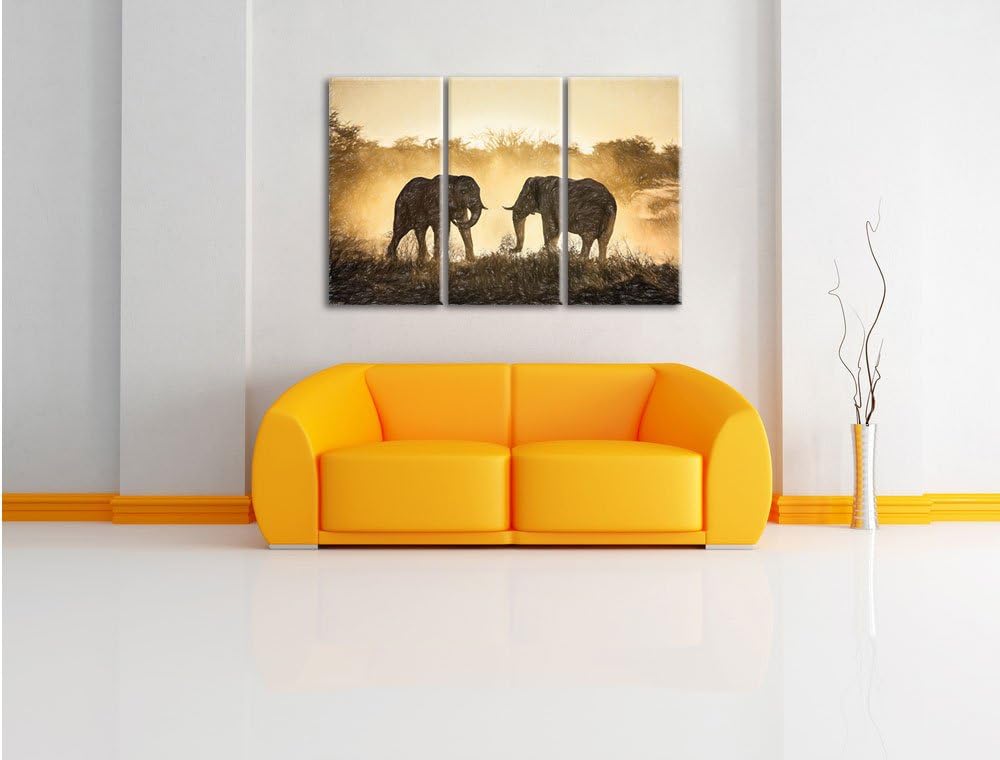 Pixxprint kämpfende Elefanten / 3-Teilig/Gesamtmass 120cm Leinwandbild bespannt auf Holzrahmen/Wandb