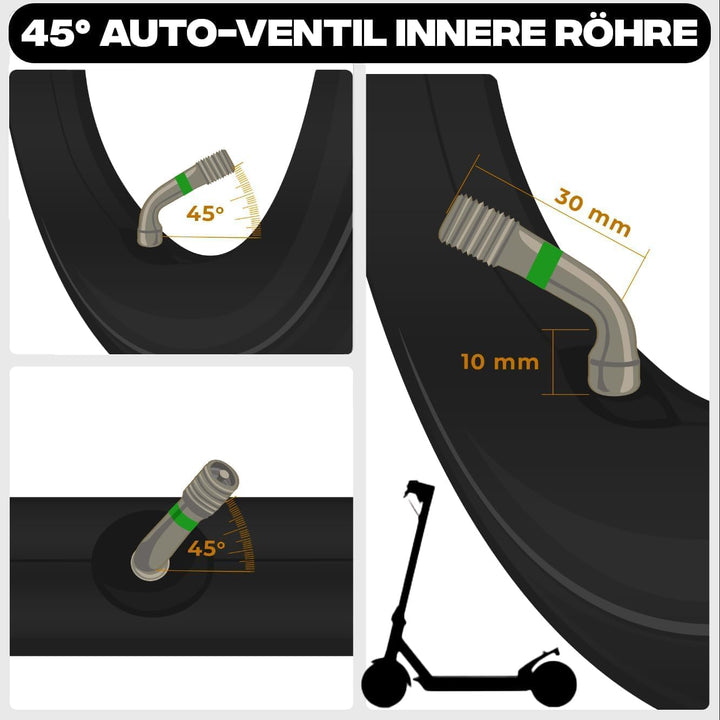 E Scooter Reifen 10x2.50 (60-152) und Schlauch Set (Profil A-3031) mit 45° AV Edelstahl-Winkelventil