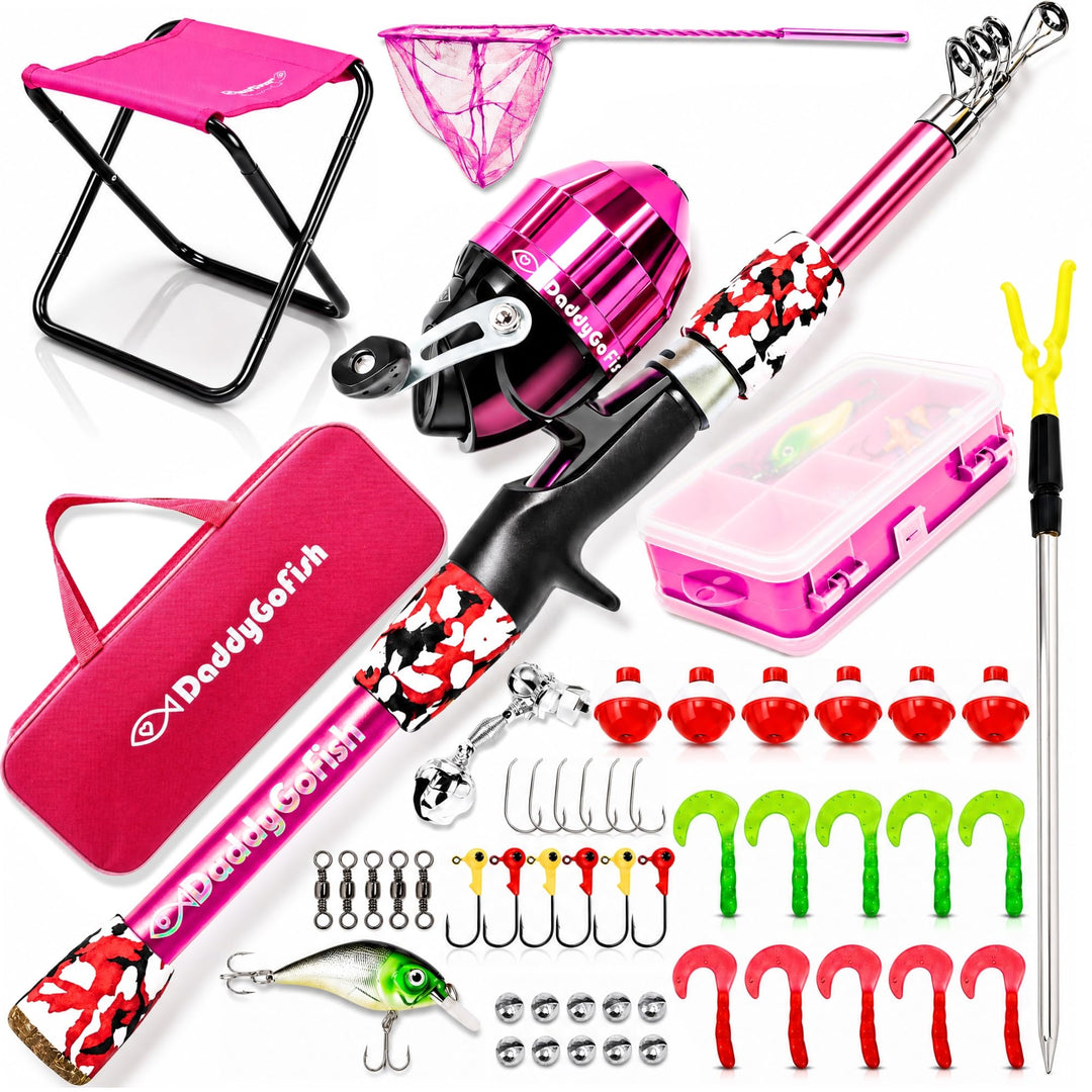 DaddyGoFish Kinder Angelset - Teleskoprute & Rolle Combo mit Klappstuhl, Rutenhalter, Tackle Box, Kö