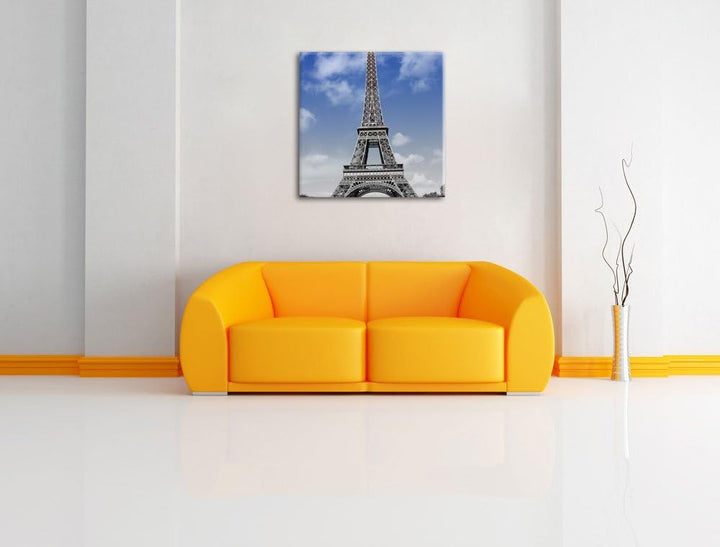 Pixxprint Eifelturm mit blauem Himmel Paris schwarz/weiss, Format: 70x70 auf Leinwand, 70x70