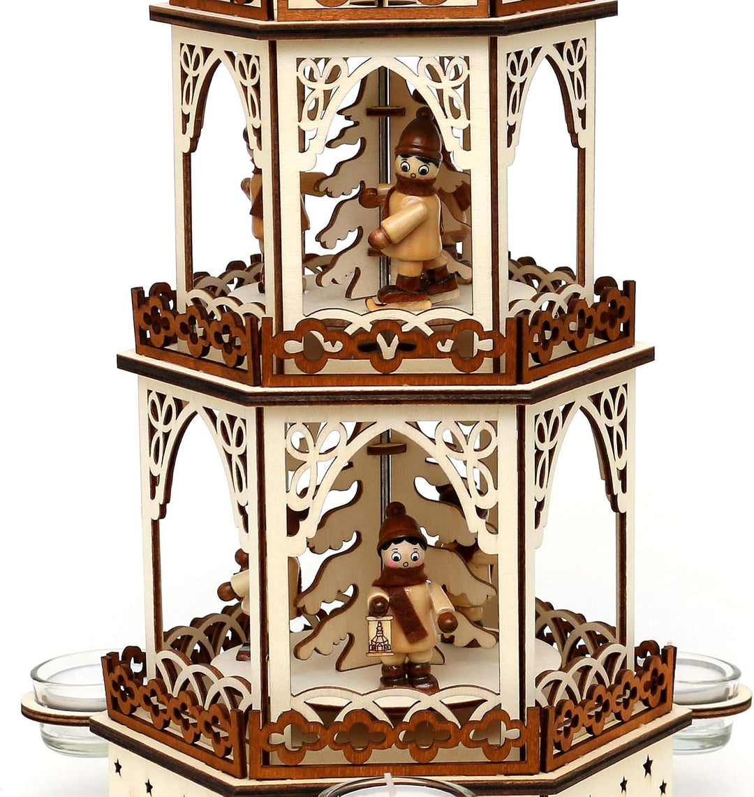 Dekohelden24 Holz Teelichtpyramide in Natur/braun mit 3 Etagen für 3 Teelichte L/B/H: 19 x 16 5 x 42