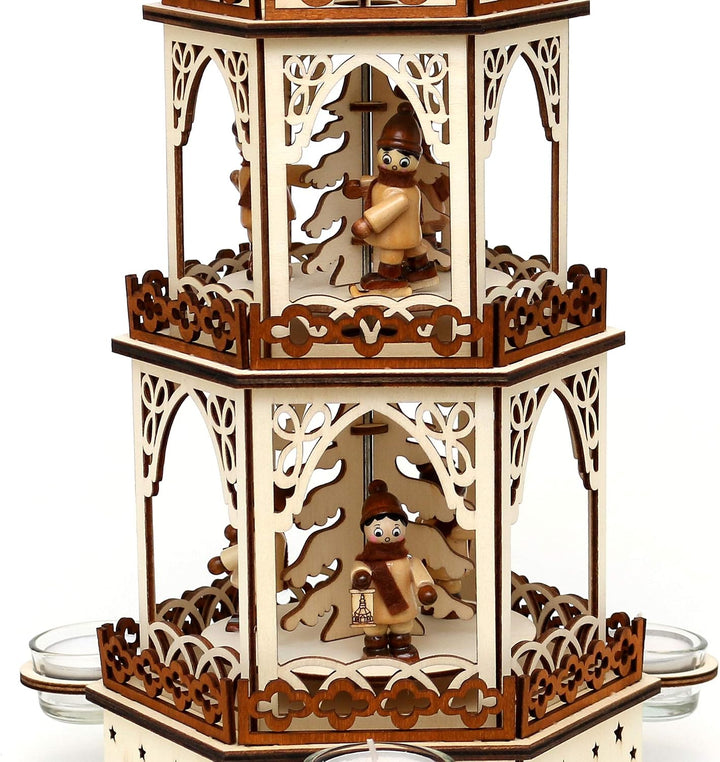 Dekohelden24 Holz Teelichtpyramide in Natur/braun mit 3 Etagen für 3 Teelichte L/B/H: 19 x 16 5 x 42