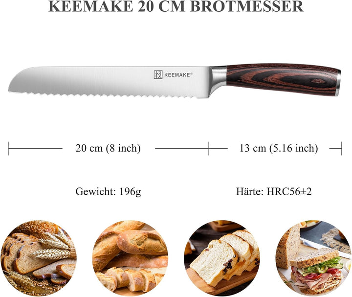 KEEMAKE Brotmesser mit Wellenschliff, Extra scharfes Brotschneidemesser 20 cm aus hochwertigem rostf