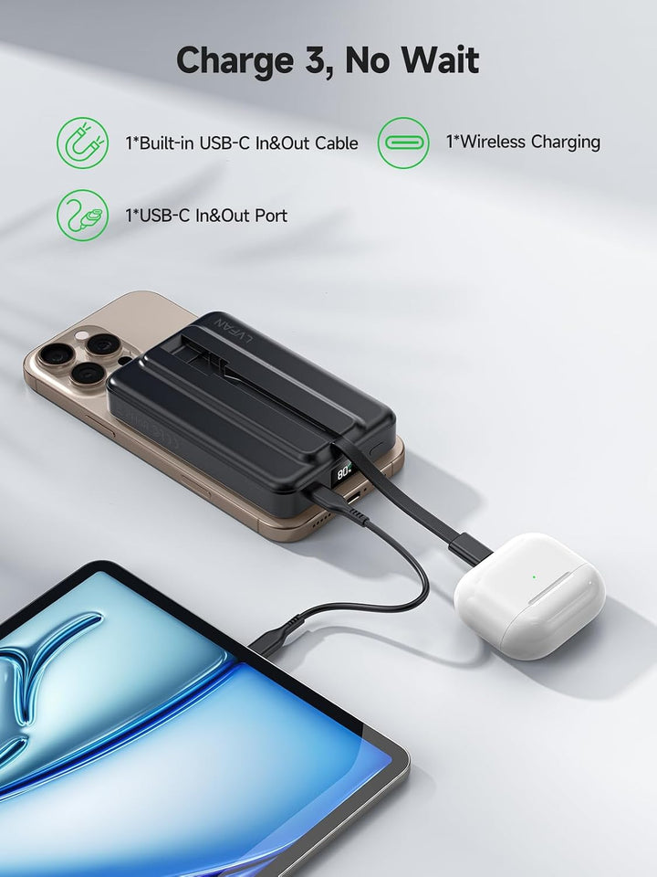 LVFAN Magnetische Powerbank für Mag Safe, integriertes USB-C-Kabel