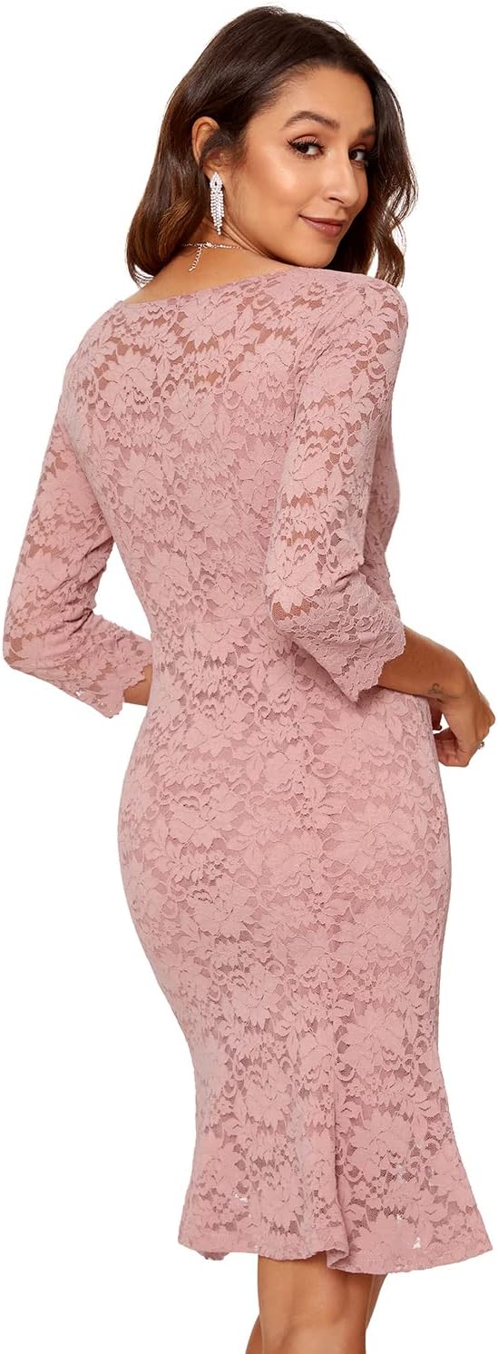 Atnlewhi Damen 3/4 Ärmel Kleid V-Ausschnitt Formeller Abend Bodycon Knielang Vintage Spitzenkleid El