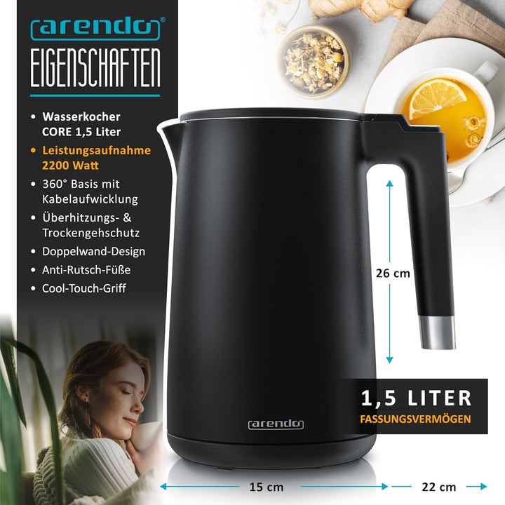 Arendo - Wasserkocher Edelstahl – 1,5 Liter - 2200 Watt – Doppelwand-Design – 360° Controller – BPA-