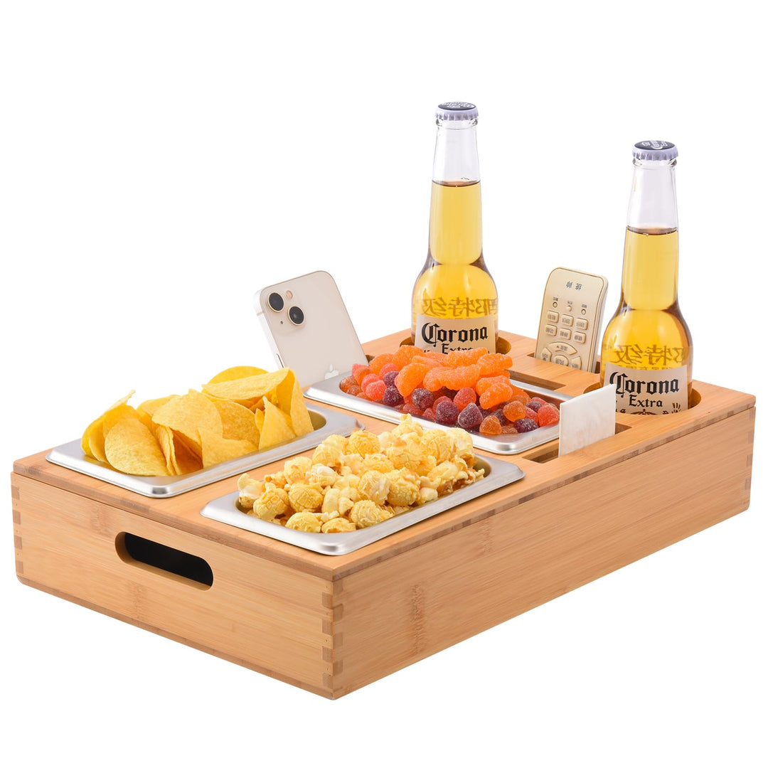 Couchbar Snackbox, Snackspender mit 3X Snackschale, Bambus Sofatablett für Sofa, Deko, Couch Bar mit