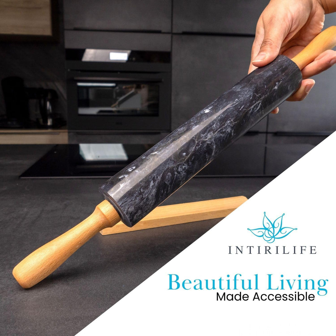 Intirilife Nudelholz aus Marmor mit Ablage in Schwarz - 46.5 cm - Teigrolle, Backrolle, Wellholz, au