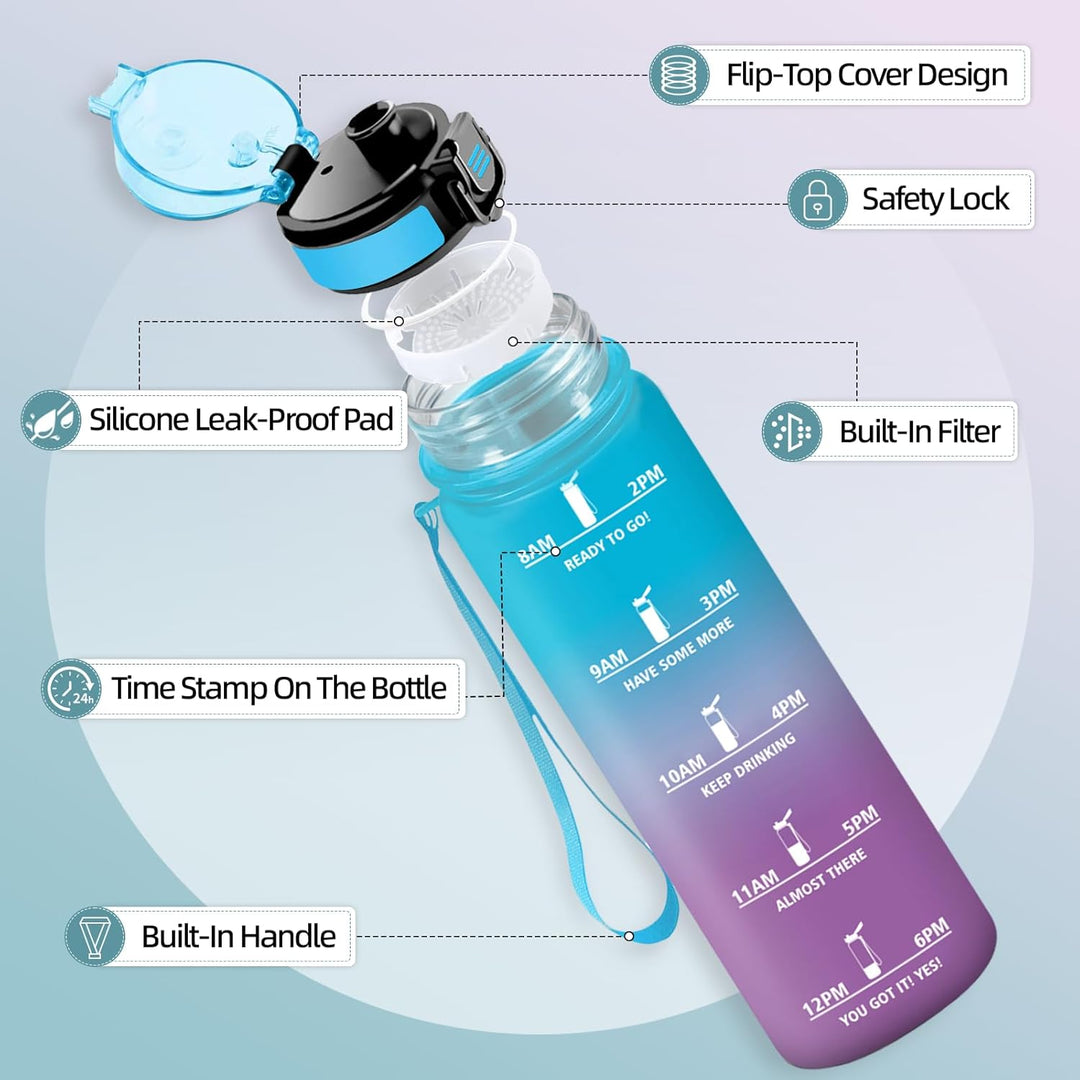 HoneyHolly Trinkflasche 1L, Zeitmarkierung, Wasserflasche, Auslaufsicher, Trinkflasche Sport, Wieder