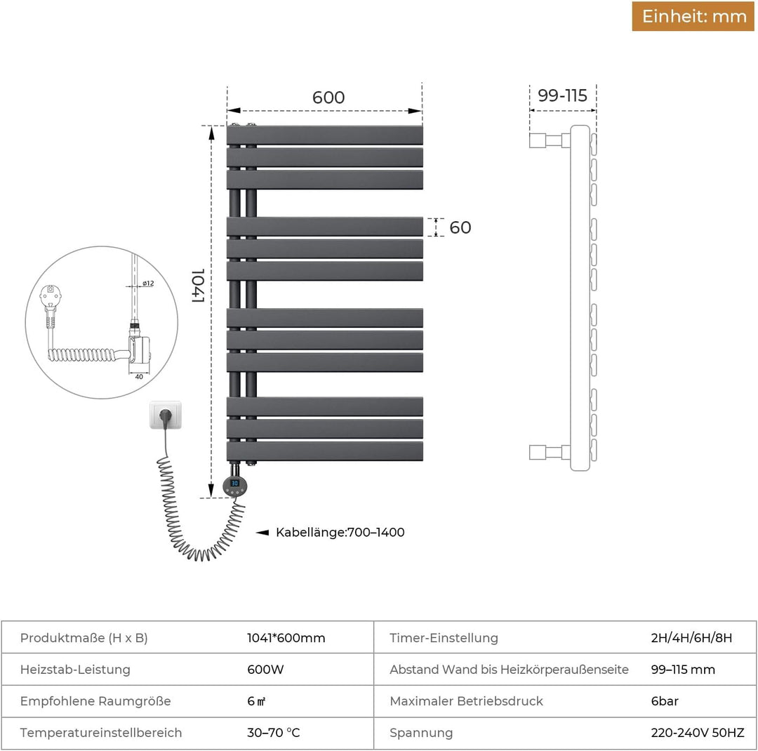 handtuchheizkörper elektrisch mit thermostat 1041x600 mm, Badheizkörper Elektrisch mit Heizstab, Wan