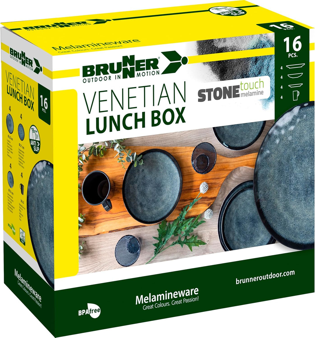 BRUNNER Melamin ESS Geschirr Set Lunch Box 16-teilig Camping Reise Teller Becher Venetian, Venetian