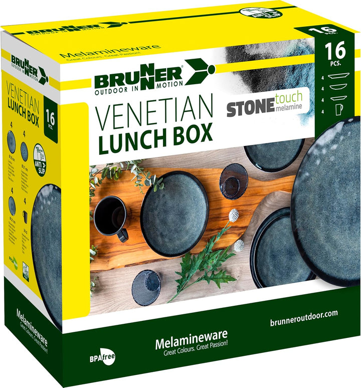 BRUNNER Melamin ESS Geschirr Set Lunch Box 16-teilig Camping Reise Teller Becher Venetian, Venetian