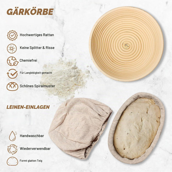 Gärkorb Set, Gärkörbchen mit Silikon Backmatte, 23cm Runde und 25cm Ovale Gähr Körbchen, Brotkörbche
