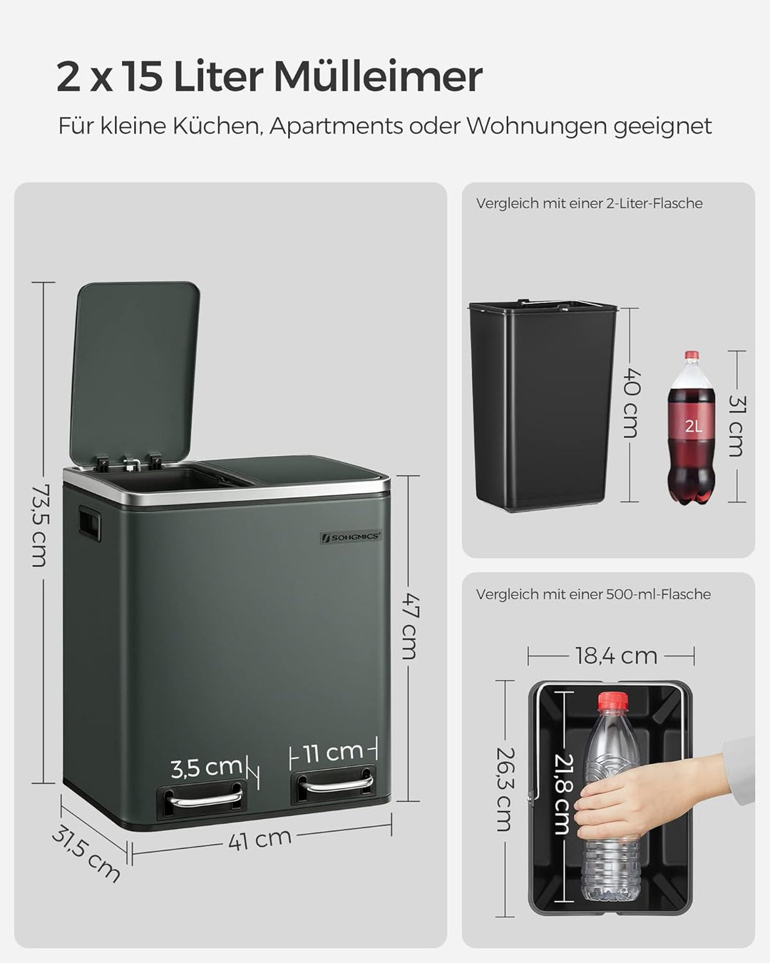 SONGMICS Mülleimer Küche, 2 x 15 L, Mülltrennsystem, Abfalleimer aus Metall, Treteimer mit Inneneime