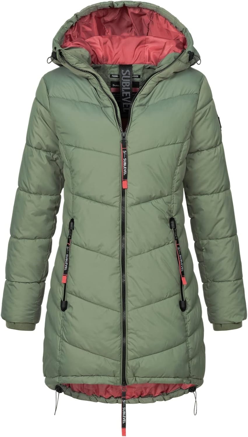 Sublevel Damen Jacke Steppmantel LSL-412 mit gefütterter Kapuze L agave green, L agave green