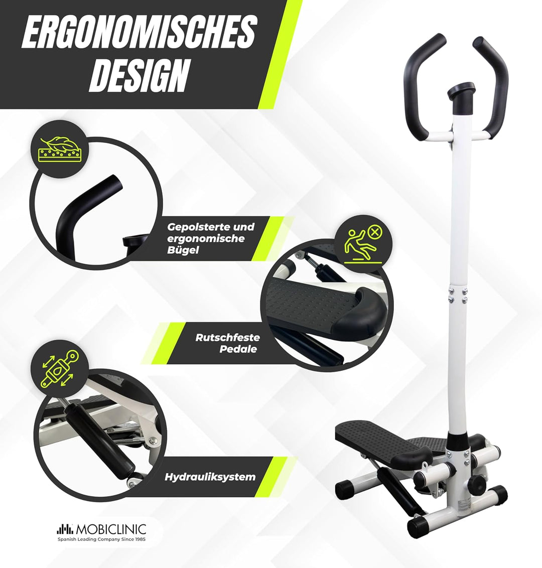 Mobiclinic®, Stepper mit Lenker, Höhenverstellbar, LCD-Monitor, Einstellbare Intensität, rutschfeste