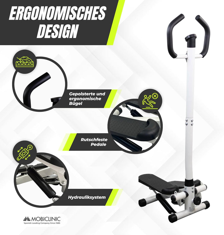 Mobiclinic®, Stepper mit Lenker, Höhenverstellbar, LCD-Monitor, Einstellbare Intensität, rutschfeste