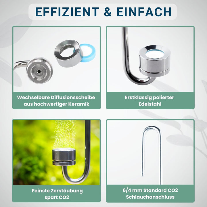 Q-Grow CO2 Diffusor Aquarium aus Edelstahl, mit wechselbarer Keramikscheibe, inkl. 2m Schlauch - 30c
