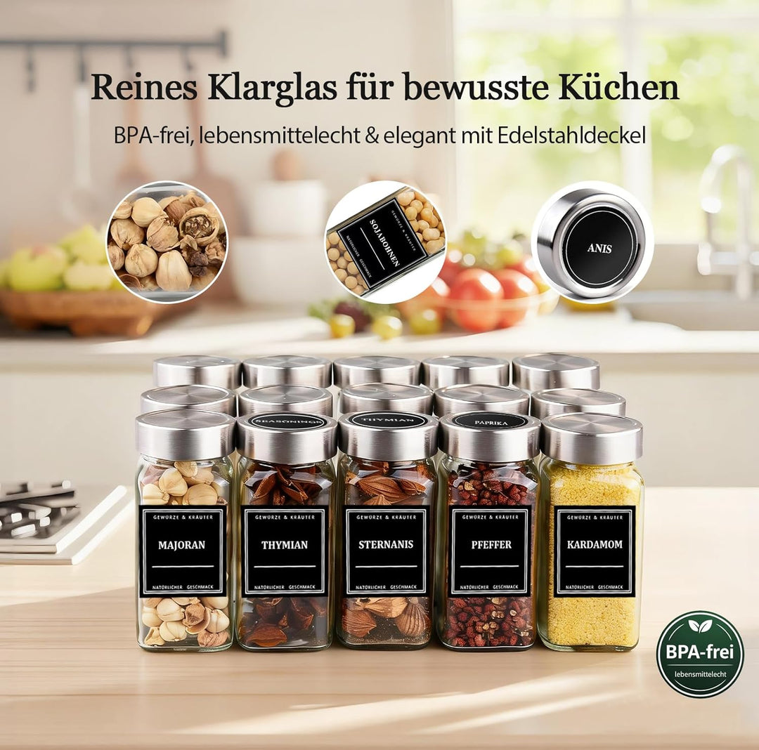 Gewürzgläser Set 24er [120ml, Eckig & Luftdicht] mit Edelstahldeckeln, Etiketten & Streueinsätzen -